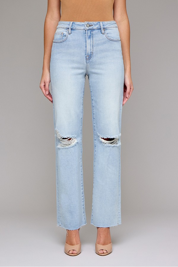 Light Wash Knee Distressed Stretch Wide Straight