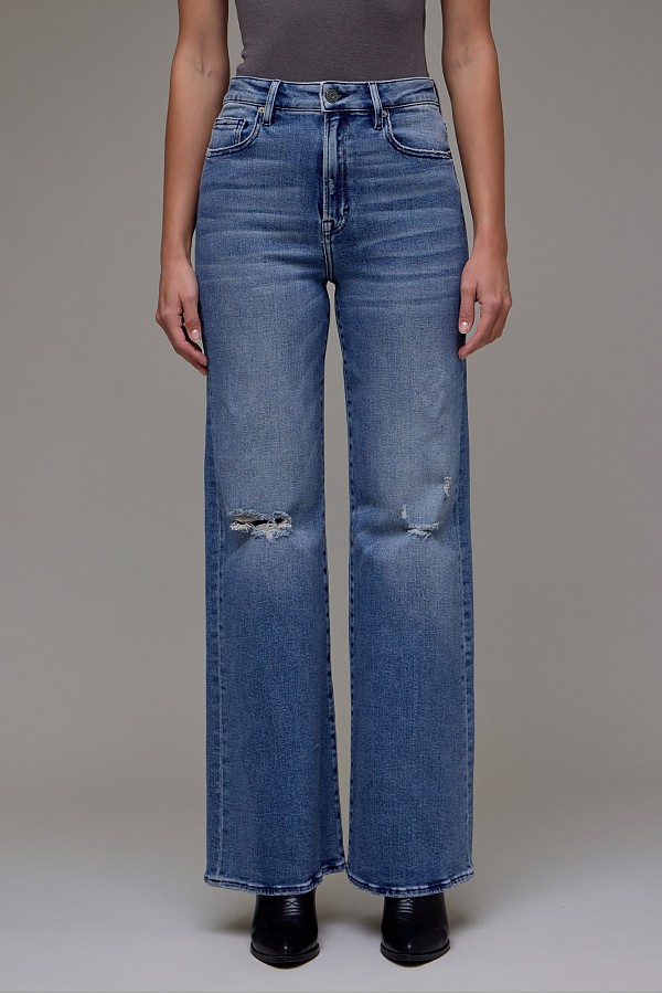 Medium Wash Knee Distressed High Rise Comfort Flare